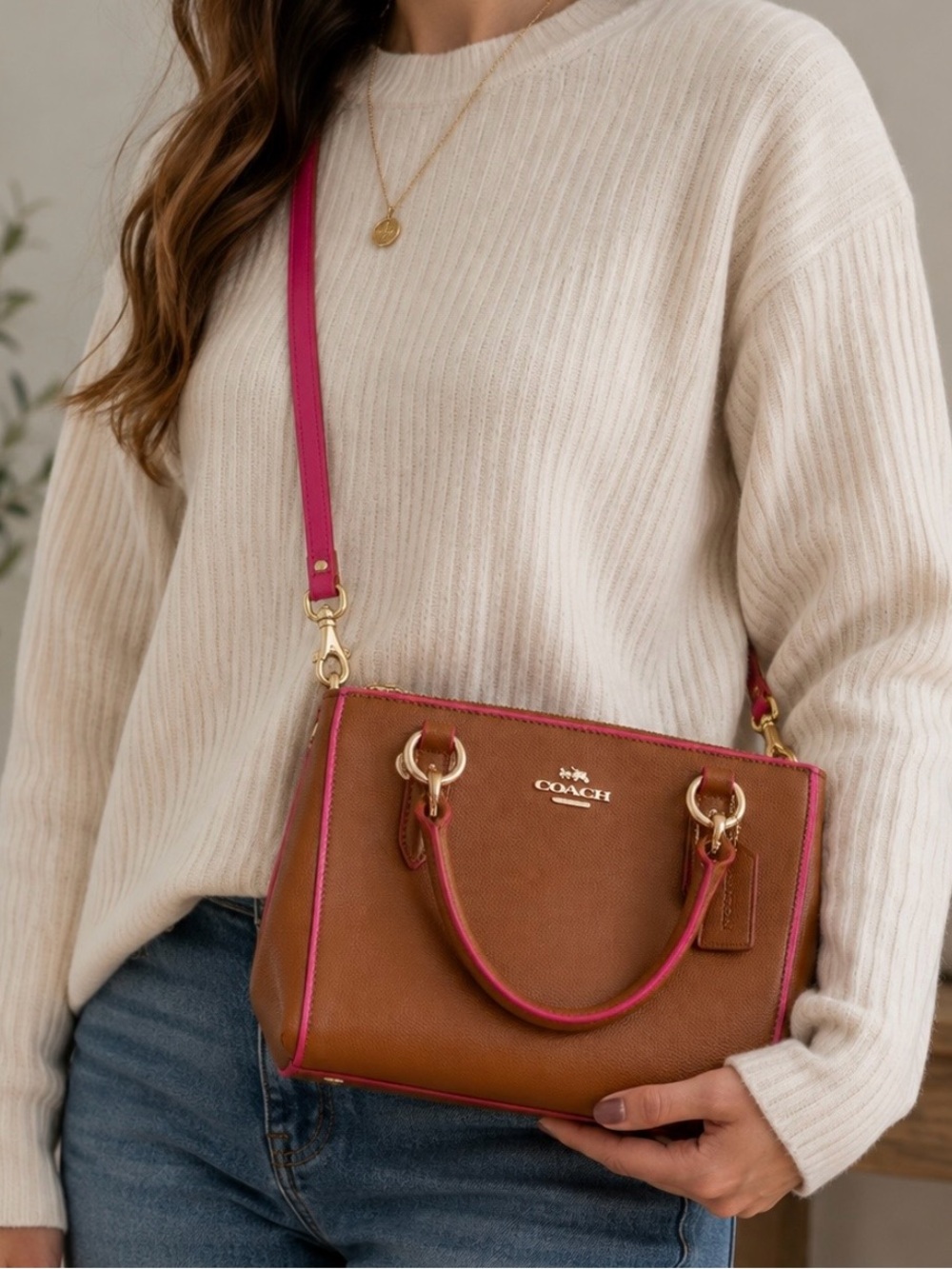 NWT Coach Mini Christie Carryall  Leather Satchel with Dahlia Trim and Straps